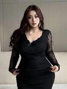 Dazy Plus Áo thun dài tay ngắn ôm sát, gợi cảm, màu đen trơn, phối ren tương phản, đa năng. - màu đen - Xem 5