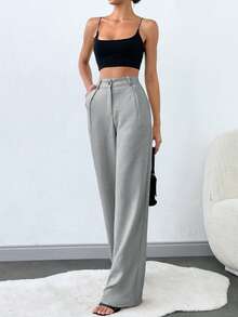 SHEIN Tall Pantalones rectos con bolsillos en ángulo para mujeres altas - Gris - Ver 3