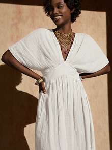 Green Printed Long Summer Of Shoulder Dress - White - View 4