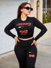 Lupita Cardoza Ropa de otoño 2025 para mujer/Ropa de invierno para mujer/Conjuntos de 2 piezas para mujer/Jeans acampanados/Blusas de manga larga/Pantalones de yoga de cuello redondo simple y manga larga/Top corto plisado/Pantalones anchos de pierna ancha/Pantalones acampanados/Traje de dos piezas para mujer/Gráfico de cereza/Ropa Y2K/Ropa urbana/Blusas para salir para mujer - Negro - Ver 3