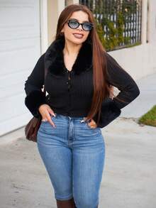 Lupita Cardoza Borg Collar Fuzzy Cuff Tight Cut Black Long Sleeves Cardigan,Long Sleeve Tops In Fall/Winter - View 1