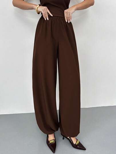 Firerie Women's New Elegant Minimalist Daily Casual Commute Home Woven Pants, Brown Solid Mid-Waist Elastic Waistband Loose Tapered Leg Lantern Pants, Brown Trousers