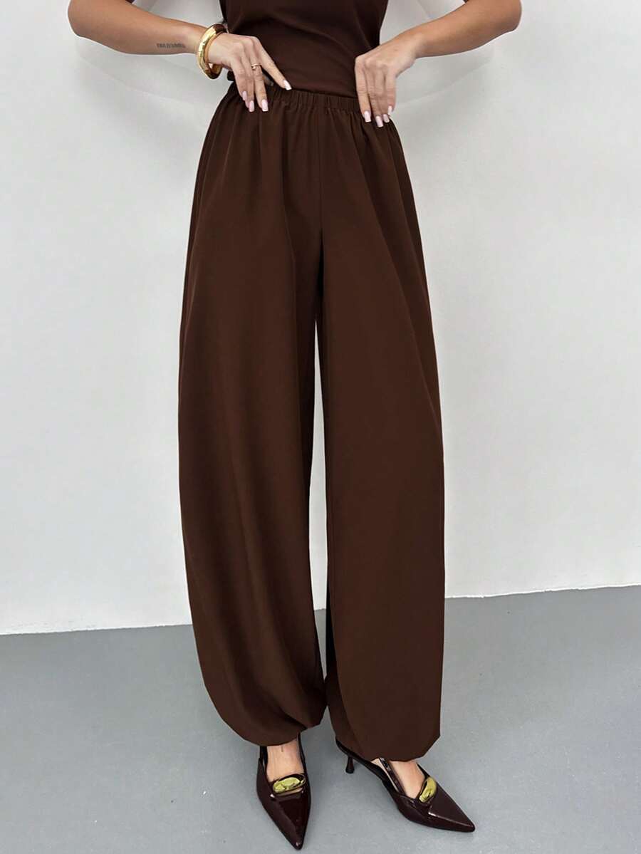 Firerie 女士新款优雅简约日常休闲通勤居家梭织长裤，棕色纯色中腰松紧腰带宽松锥形裤腿灯笼裤，棕色长裤 - 棕色 - 查看 1