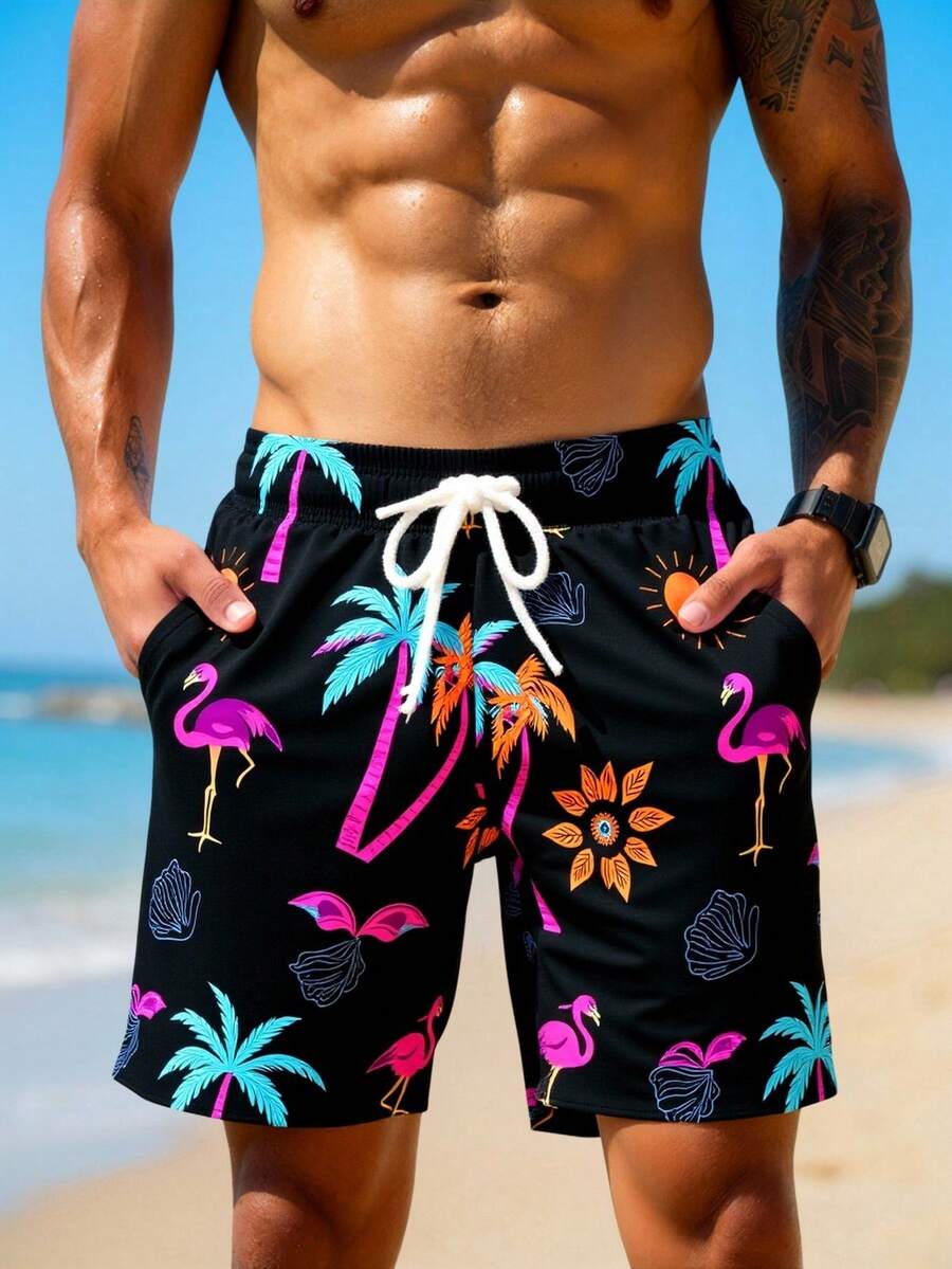 Manfinity VDAYZ Męskie szorty plażowe z nadrukiem palm i ściągaczem w pasie