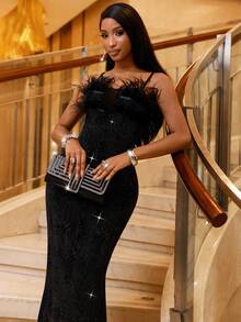 Lureya Đầm midi nữ không tay, cổ chữ V sâu, phối lưới phía trước, cổ lông giả, dây mảnh, gợi cảm, quyến rũ, thích hợp cho các sự kiện tiệc tùng, dạ hội, đính sequin, phù hợp cho mùa thu/đông và mọi mùa. - màu đen - Xem 5