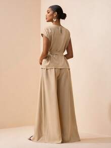 Zivah 2026春夏新款情人节音乐节复活节西部波西米亚风纳什维尔派对婚礼正式约会休闲学生日常基本休闲邮轮海滩日光浴优雅通勤商务休闲单肩褶皱系腰上衣+带真口袋的阔腿裤卡其色两件套，春夏度假休闲套装，女士两件套 - 卡其色 - 查看 2