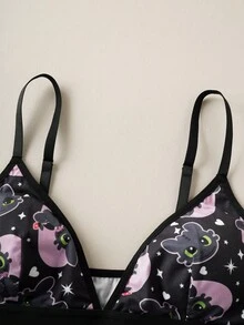 SHEIN How to Train Your Dragon Bộ đồ lót áo ngực và quần lót liền thân họa tiết hoạt hình dành cho nữ - màu đen - Xem 4