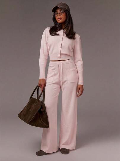 Athîral 여성 캐주얼 단색 버튼 프론트 스웨터 및 포켓 바지 2피스 세트, 가을/겨울