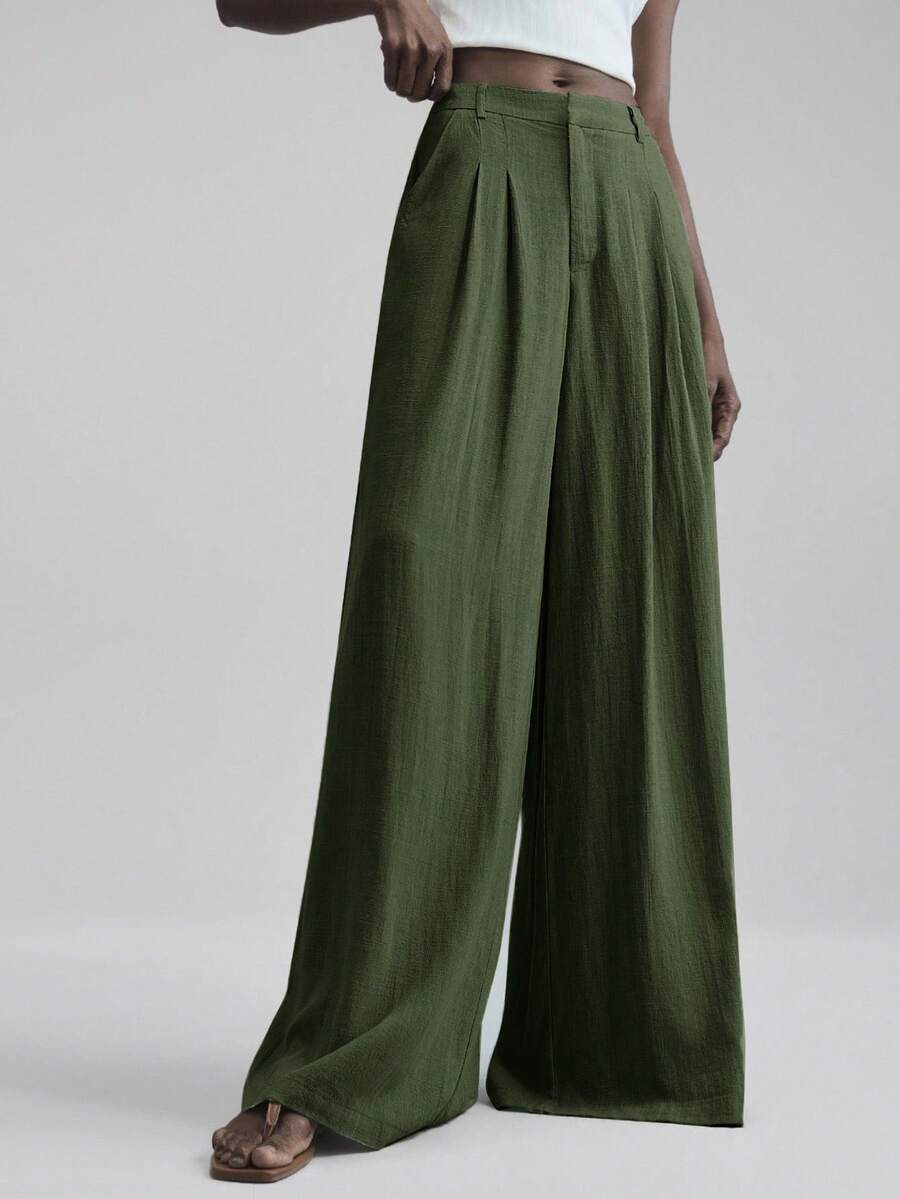 Ontre Quần ống rộng xếp ly dáng suông nữ mùa Xuân/Hè 2026, thích hợp cho đi làm, công sở, thường ngày, văn phòng, giảng dạy, dã ngoại, những dịp trang trọng, đi biển, kỳ nghỉ, trang phục công sở. - xanh quân đội - Xem 1