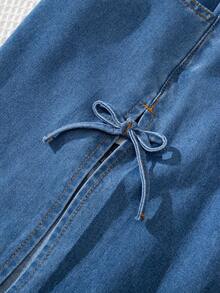 SHEIN Teen GirlBow Accent Loose Fit Blue Denim Wide Leg Pants - Light Wash - View 5