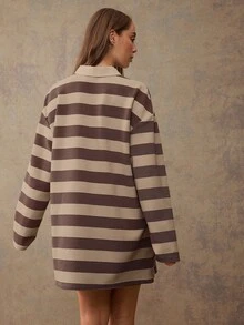 WESTFADE Striped Waffle Knit Long Sleeve Mini Polo Dress - Coffee Brown - View 2