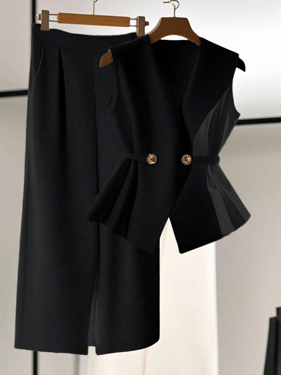 Franclia 一套女士无袖V领系带露脐背心和松紧腰直筒裤，休闲通勤装 - 黑色 - 查看 1