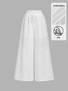 SHEIN MOD 女士花卉刺绣镂空腰带宽松阔腿休闲裤，优雅派对裤、沙滩裤、休闲女裤、情人节裤、白色裤、时尚女裤、田园风、节日生日装、女士度假装、刺绣面料长裤、女士度假裤、夏季假期、春季 - 白色 - 查看 3