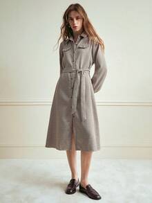 EMERY ROSE 时尚法式复古格子宽松衬衫领腰带配饰长袖女式秋冬长裙 - 棕色 - 查看 5