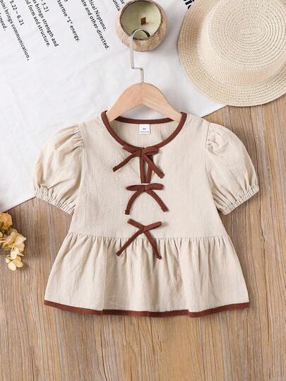 SHEIN 杏色女童娃娃连衣裙，棕色蝴蝶结装饰前领口时尚上衣