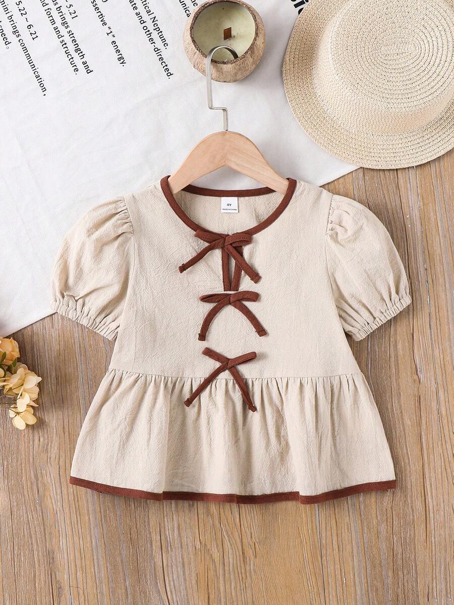 SHEIN 杏色女童娃娃连衣裙，棕色蝴蝶结装饰前领口时尚上衣 - 彩色 - 查看 1