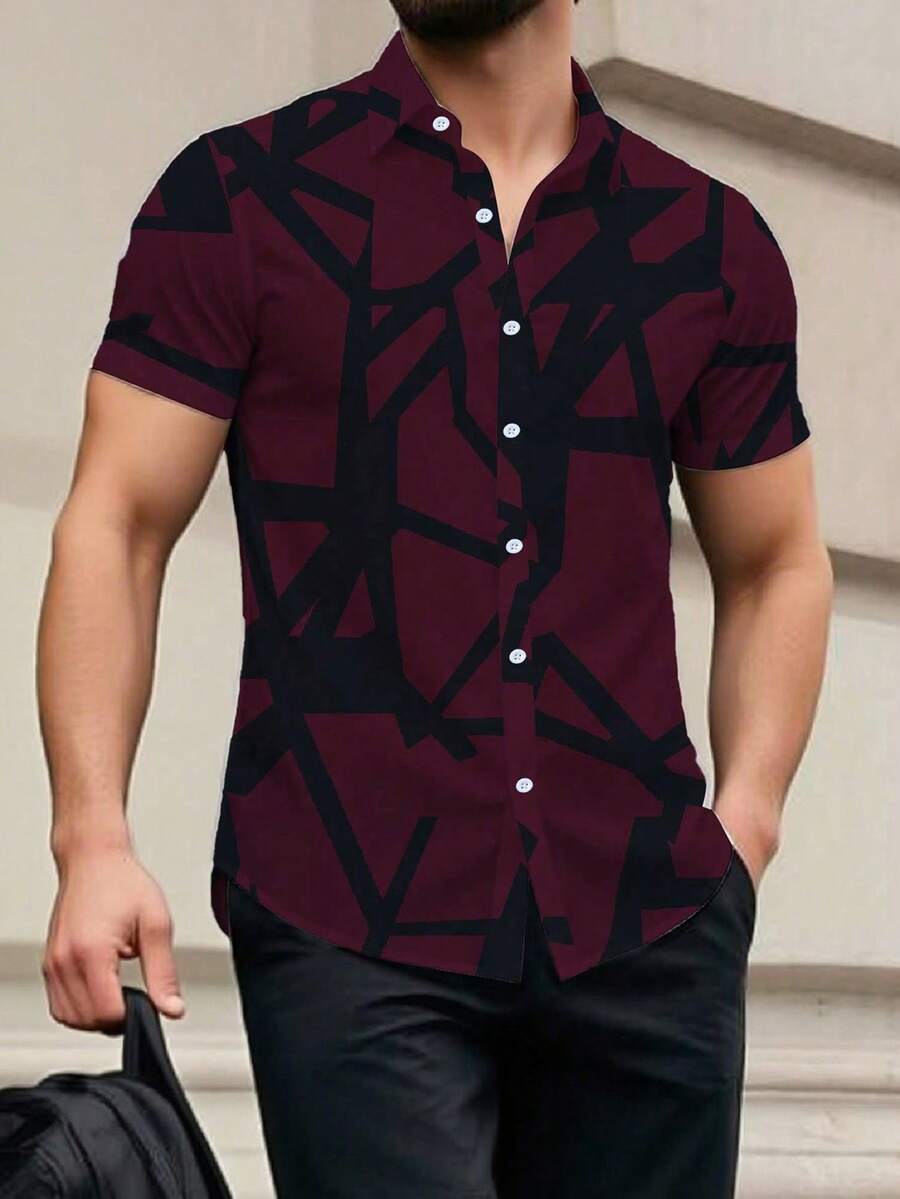 Manfinity Homme Men's Casual Daily Full Print Front Button Short Sleeve Shirt, Summer - Burgundy - View 1