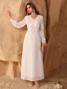 SHEIN Najma Sequin Embroidery Hollow Out Lace-Up Waist Long Sleeve Elegant Women Dress - White - View 9