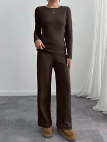 EURMUSE Women 2 Piece Casual Long Sleeve Top And Pants Set - Brown - View 3