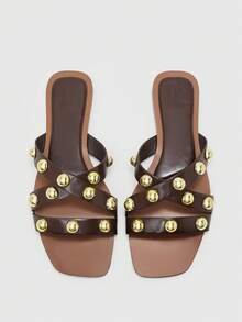 CUCCOO BIZCHIC 女士夏季时尚串珠装饰拖鞋，适合日常休闲度假、海滩休闲穿着，平底凉拖鞋 - 咖啡棕 - 查看 2