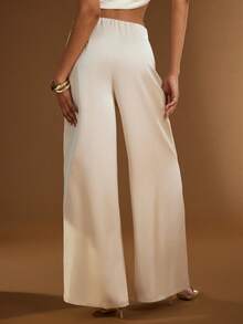 Hauture 女士简约日常外出性感优雅阔腿象牙色缎面裤 - 杏色 - 查看 5