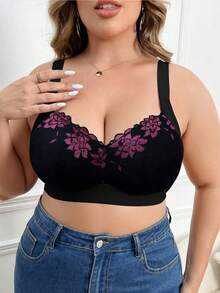 SHEIN 1 pieza Sujetador inalámbrico de encaje y parches para tallas grandes - Negro - Ver 3