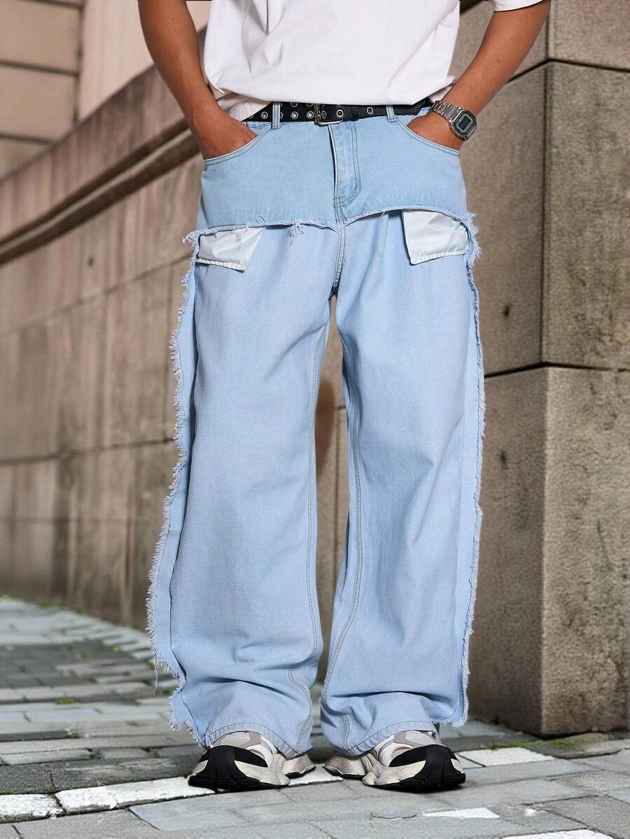Manfinity EMRG Men's Street Fashion Patchwork Design Frayed Hem Loose Wide Leg Jeans, Spring/Summer Light Blue Pants - Baby Blue - View 1