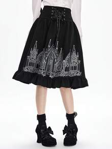 ROMWE Grunge Punk Chân váy nữ kiểu Gothic tối màu Y2K cạp cao in hình lâu đài thắt eo. - màu đen - Xem 6