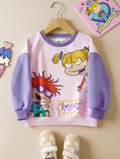 Nick 90s | SHEIN Sudadera linda con bloqueo de color y figura de dibujos animados de los 90 para niña joven
