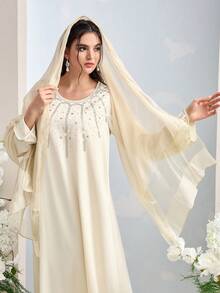 Al Najma Women's Rhinestone Decor Round Neck Long Sleeve Elegant Arabic Style Dress - Khaki - View 5