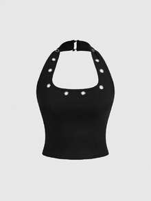 ROMWE Goth Bộ đồ nữ phong cách Y2K gợi cảm, thiết kế hở lưng với dây đeo kim loại và quần short cạp siêu thấp. - màu đen - Xem 7