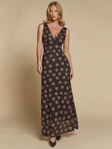 COSMINA 女士优雅通勤波点印花无袖连衣裙，V领设计，弹力网纱印花图案，棕色波点图案，优雅长款连衣裙，鸡尾酒会礼服，约会礼服，情人节礼服，婚礼宾客礼服 - 彩色 - 查看 3