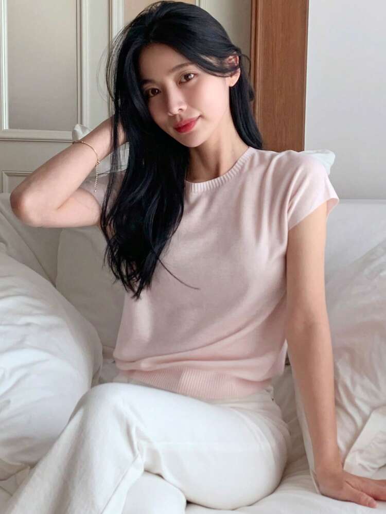 Women's Casual Everyday Commute Simple Solid Color Batwing Short Sleeve Sweater, Spring/Summer/Autumn