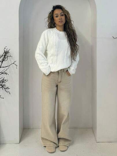 RebeccaVibe Women's Khaki Jeans Y2K Vintage Low-Rise Straight Pants Wide Leg Pants  Autumn Casual Wear For Women Baggy Jeans