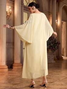 Al Najma 女士优雅水钻镂空喇叭袖土耳其长裙和阿拉伯传统长袍 - 芥末黃 - 查看 4