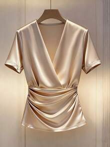 Franclia Satin Crossover V-Neck Short-Sleeved Women's T-Shirt For Spring And Summer, Slimming And Unique, Sexy T-Shirt, Short-Sleeved Top, Apricot - Apricot - View 3