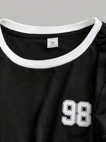 SHEIN Girlism Tee-shirt ajusté à col rond et manches courtes pour adolescentes, doux et mode, avec imprimé numérique et lettres en couleurs contrastées. Décontracté, sportif, streetwear, preppy, rentrée scolaire - Noir - Voir 6