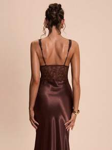 SHEIN BAE Spring/Summer Solid Brown Lace-Trimmed Satin Fishtail Elegant Women's Dress,,Brown Dress,Elegant Dresses,Birthday Dress ,Wedding Guest Dress,Valentine's Day,Summer Dress - Brown - View 7