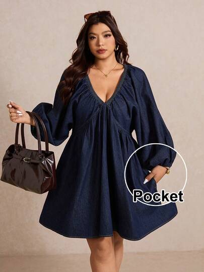 Elaquor Plus Size Women Casual Loose V-Neck Long Sleeve Denim Dress Casual Denim Outfit For Women