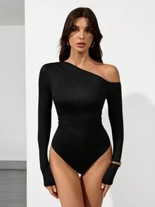 SHEIN Tall 1 件黑色紧身单肩长袖连体衣，简约时尚，适合日常休闲穿着 - 黑色 - 查看 1