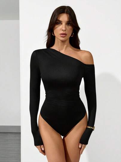 SHEIN Tall 1 pezzo Body aderente monospalla a maniche lunghe, nero, semplice e alla moda per uso casual quotidiano