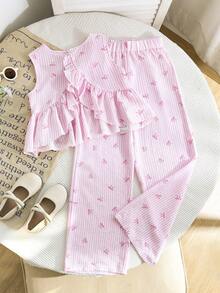 女童无袖荷叶边露背长裤夏季套装 - 粉色 - 查看 2