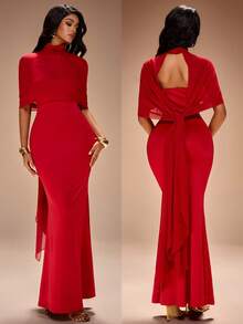 Radiana Women's Sexy Elegant Luxurious Red Chiffon Capelet Shawl & Bodycon Mermaid Dress 2-Piece Set. Shawl + Spaghetti Strap Dress. High-Stretch Knit Fabric Hugs Body, Flattering Silhouette. Suitable For Party, Banquet, Gala,  Formal Occasions,Evening, Date, Cocktail Party, Dance, Valentine's Day - Red - View 2