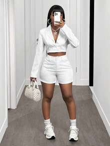 BamGleam Women's Striped Notched Collar Single-Breasted Casual/Work Lightweight Long Sleeve Blazer