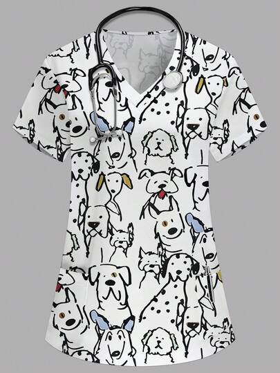 PopScrub Women's White V-Neck Short Sleeve Double Pocket Cute Line Drawing Dog, Pet, Animal Print Nurse/Doctor Work Uniform Top/ Examination Surgical Uniform/Solid Color Pet Grooming Work Uniform Top/Nutritionist Work Uniform Short Sleeve/Multi-Pocket Functional Lab Work Uniform, Functional Women's Holiday Outfit, Adorable