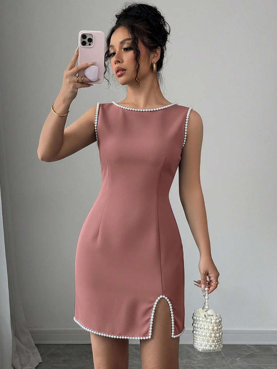 Elenzga فستان أنيق رومانسي مصنوع من الأسود والأبيض مع زخرفة من اللؤلؤ، بياقة طاقم بدون أكمام وفتحة جانبية مناسب للخروجات الربيعية والمواعدة وحفلات العشاء وعيد الحب - وردي مغبر - مشاهدة 1