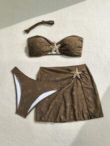 Soleia 3pcs Vacation Beach Textured Fabric Bandeau Bikini, Cover-Up & Skirt Set - Brown - View 7