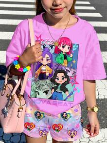 少女返校卡通女孩肖像，亮紫色，K-Pop 超级明星，少女休闲简约短袖上衣和短裤两件套，适合夏季、返校季、2000 年代风格、Y2K 服装、韩式风格、秋季服装、返校节服装 - 彩色 - 查看 2