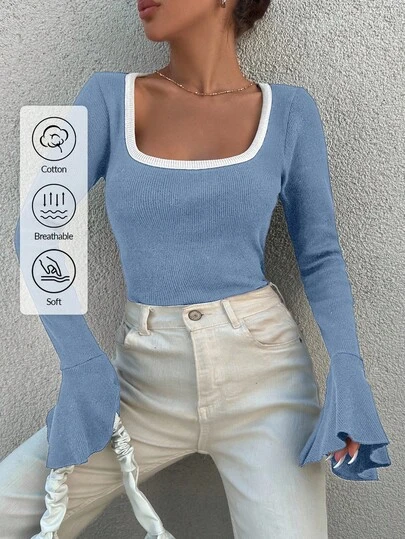 EURMUSE Cotton Contrast Binding Flounce Sleeve Tee