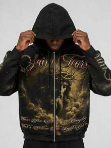 ROMWE MEN Street Life Spring Casual Graphic Men'S Street Slogan Print Zip Front Drawstring Hoodie Sweatshirt - Black - View 3